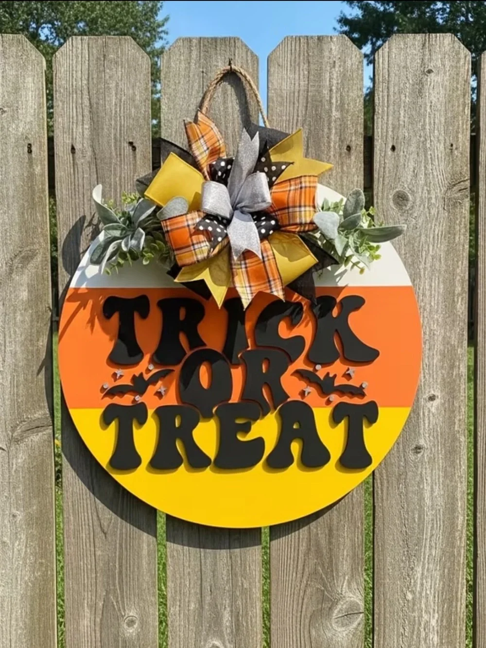 Retro 70’s Style Trick or Treat Candy Corn Door Hanger - Orange, Yellow & Bows
